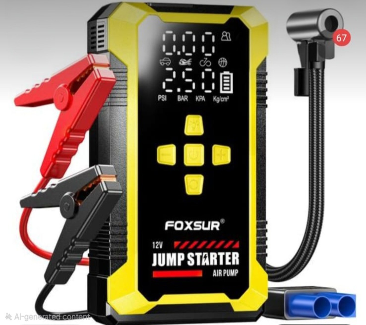 Portable car jump starter and digital air pump up to 150 PSI with cables